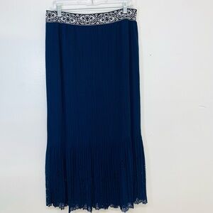 Magic Pleated Maxi Skirt XL Embroidery Elastic Waist Sheer Lined Scallop‎ Boho